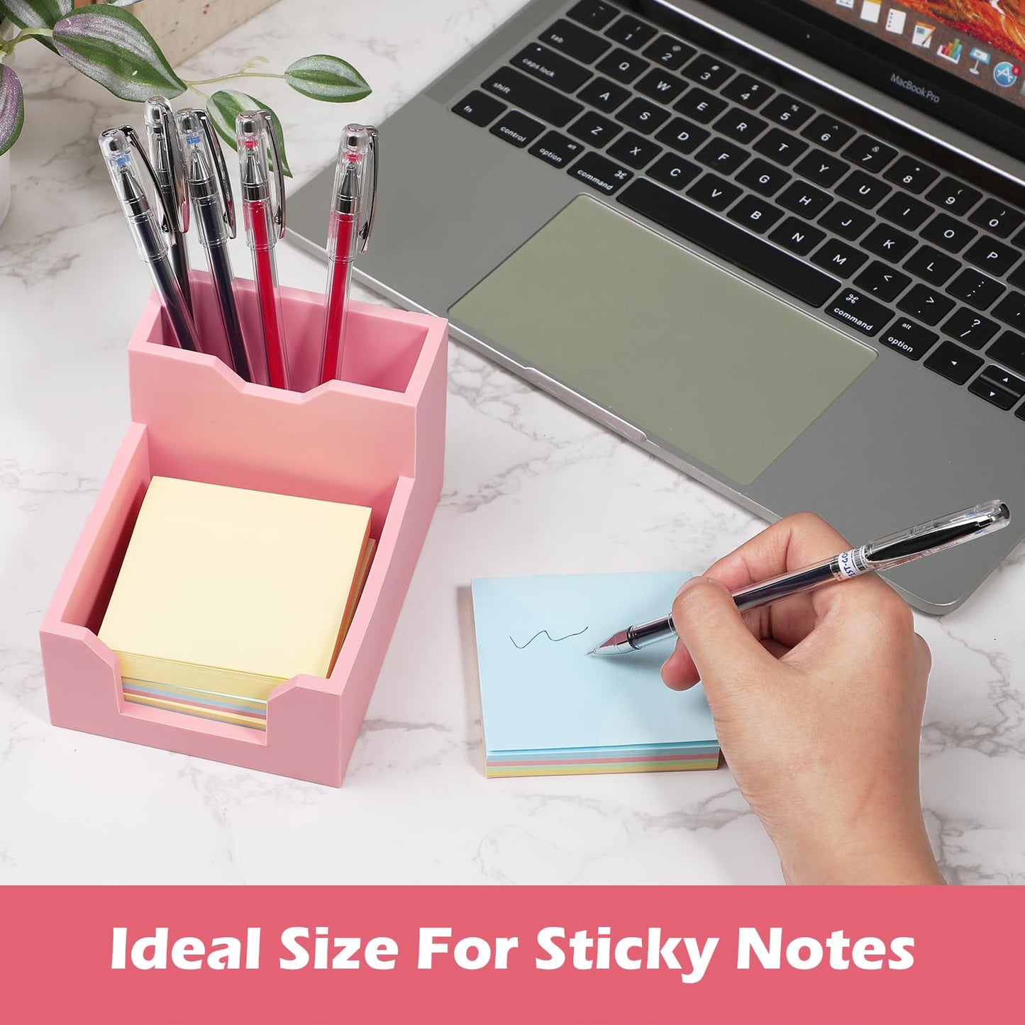 Pink Sticky Note Holder, Silicone Memo Holder with Pen or Card Slots, Sticky Note Dispenser, Fits 3x3 Inches Sticky Notes, Post It Note Dispenser for Office Desk Accessories