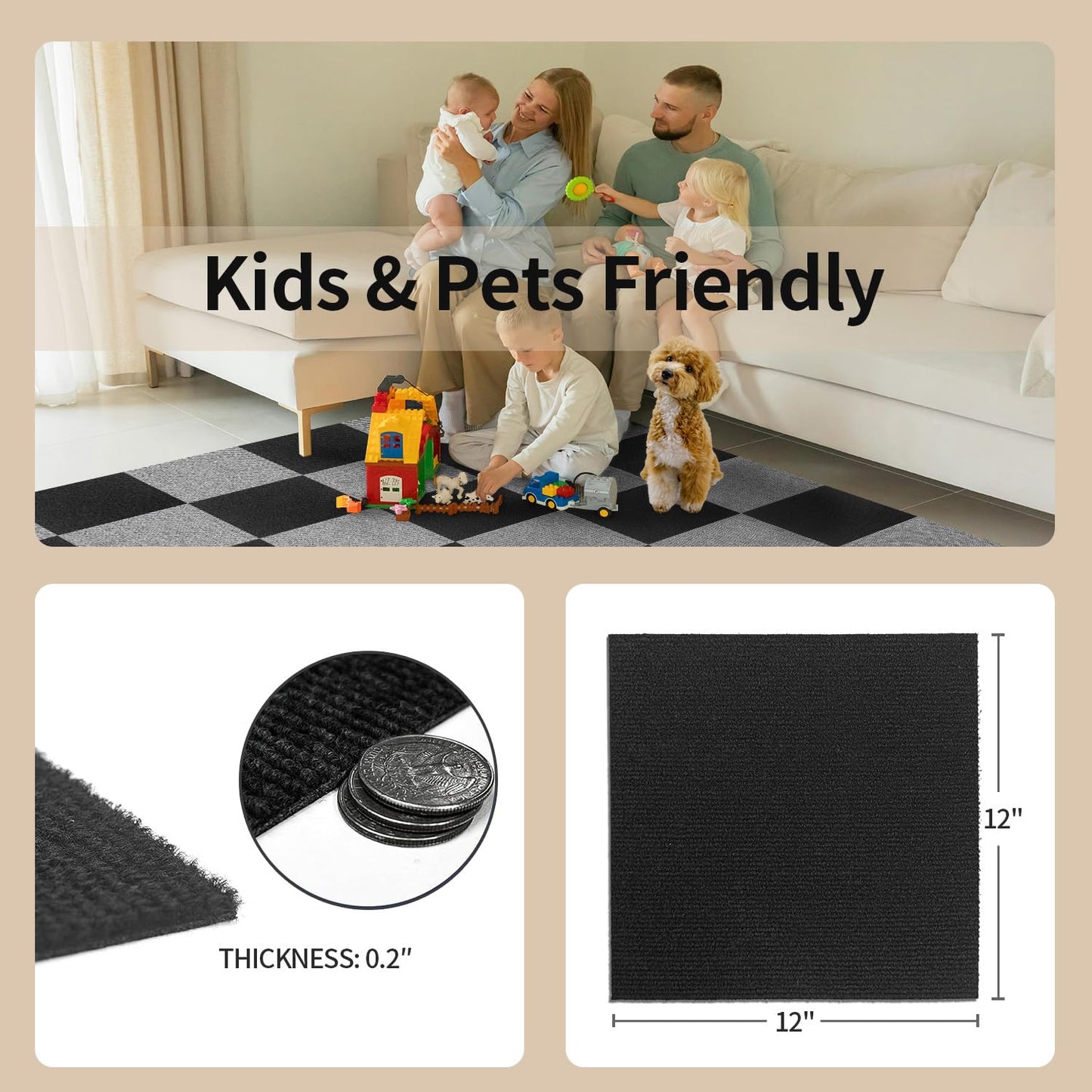 Carpet Tiles Peel and Stick 12”x 12” Non-Slip Self Adhesive Squares Carpet Floor Tile 24Pcs DIY Reusable Waterproof Carpet for Living Room Bedroom