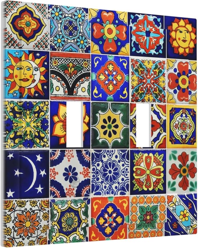 Traditional Colorful Talavera Mexican Spanish Moroccan Tiles Double Toggle Light Switch Cover Decorative 2 Gang Wall Plate Electrical Switchplate Faceplate for Bathroom Decorate Accessories