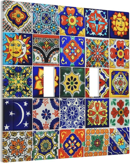 Traditional Colorful Talavera Mexican Spanish Moroccan Tiles Double Toggle Light Switch Cover Decorative 2 Gang Wall Plate Electrical Switchplate Faceplate for Bathroom Decorate Accessories