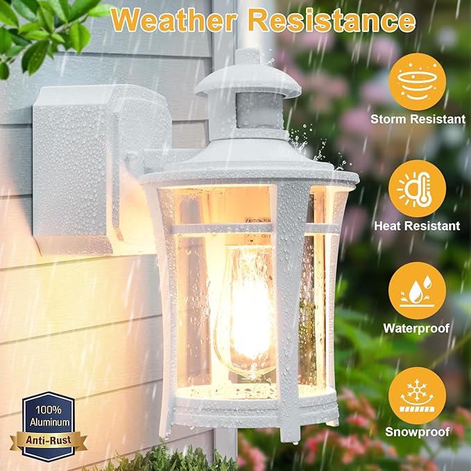 Porch Lights with Outlet,2 Pack Outdoor Motion Sensor Lights,Dusk to Dawn Exterior Light Fixture,White Anti-Rust Waterproof Outdoor Wall Light,Aluminum Outside Lights for House Patio Front Door Garage