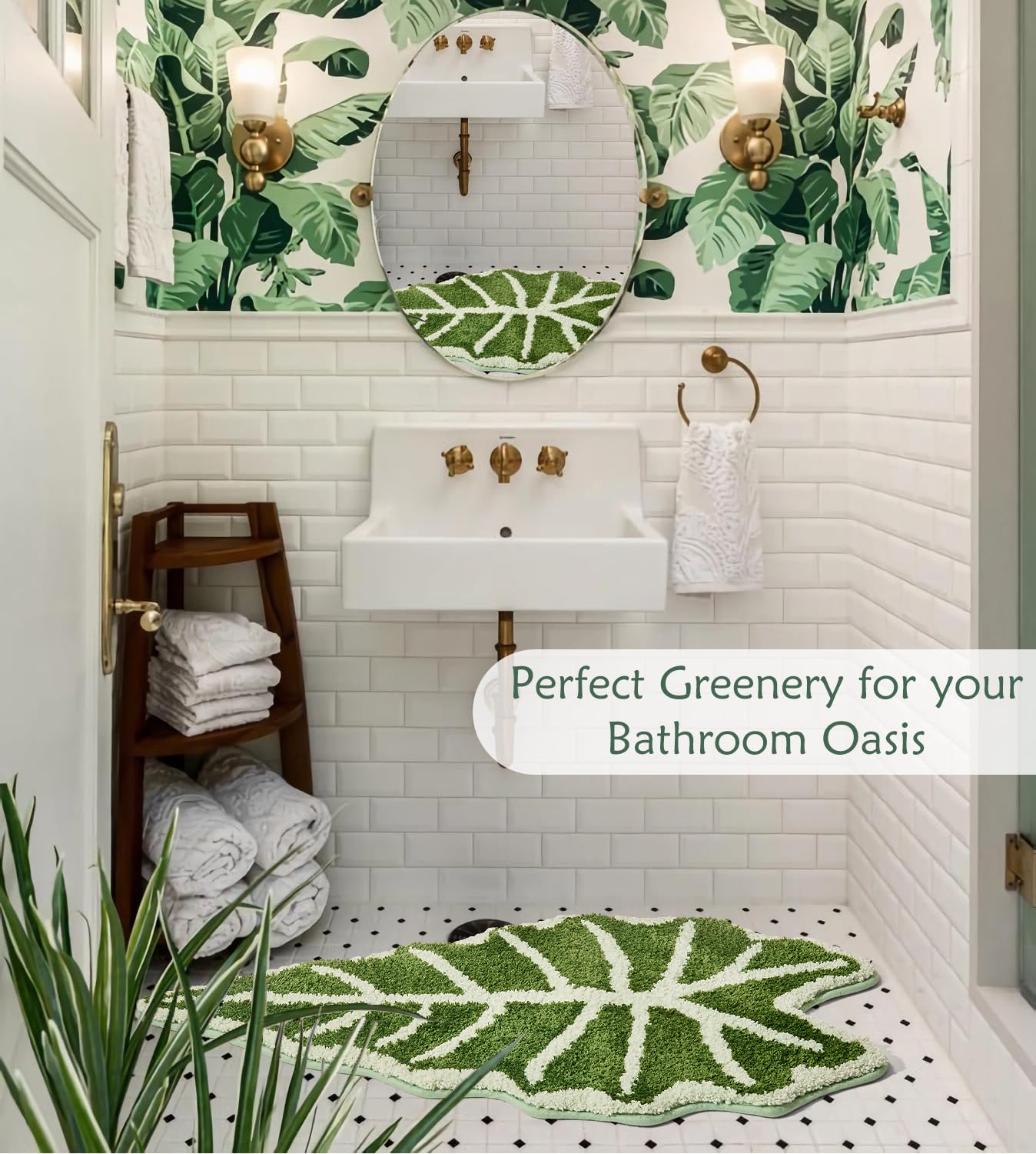 DyeFury Green Leaf Bathroom Rugs-Tropical Leaves Shaped Bath Mat for Cute Bathroom Decor Alocasia Leaf Plant Rug for Boho Bedroom Washable Sage Green Shower Mat 20''x35.5''