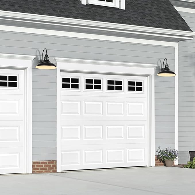 Outdoor Barn Light Fixture, 12.3 Inch Large Dome Farmhouse Exterior Wall Mount Light, Gooseneck Wall Sconce Indoor Wall Lighting Fixture, Industrial Black White Finish Lantern for Porch, RZ004 BK+WH