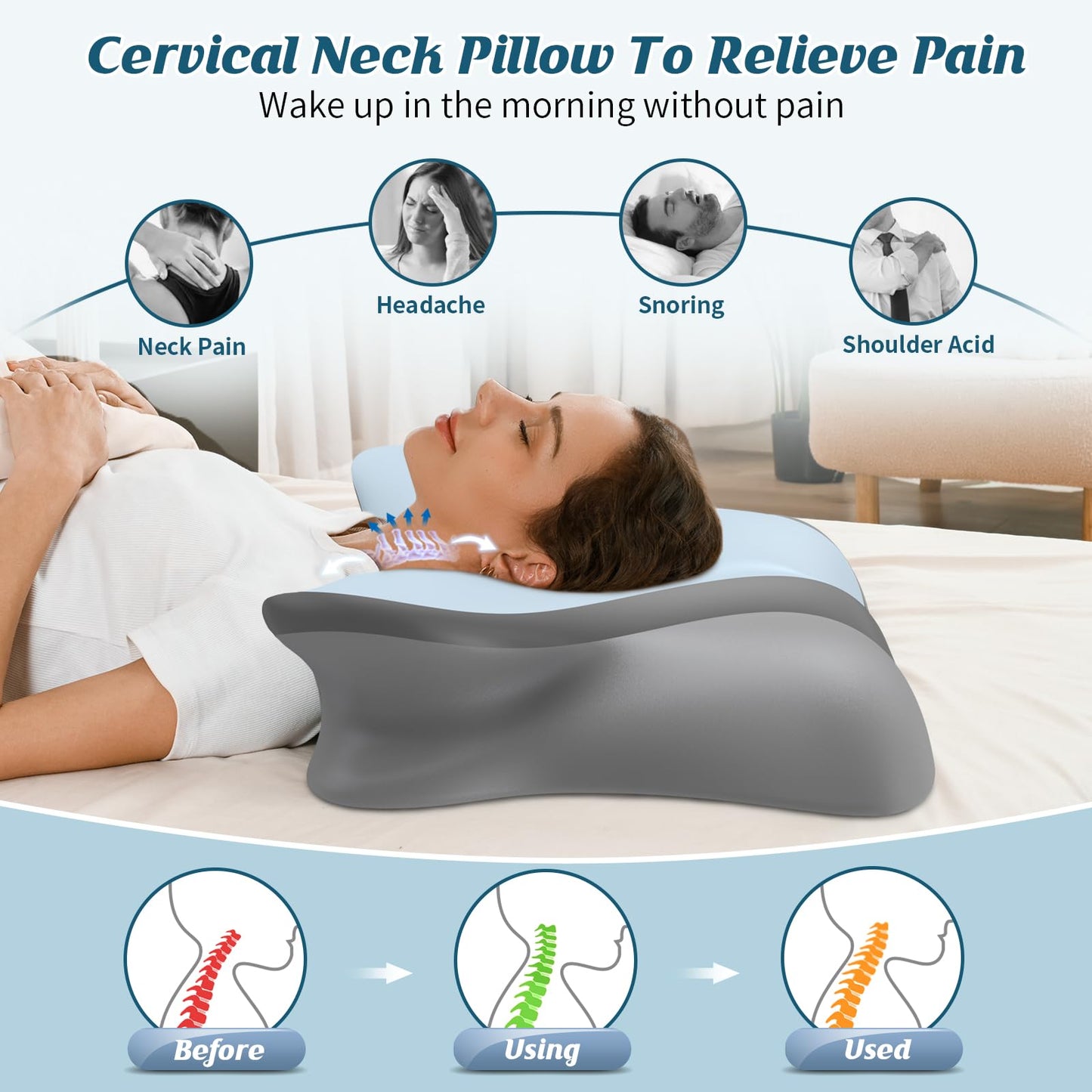 Cervical Neck Pillow - Cooling Pillow for Neck Pain Relief, Ergonomic Side Sleeper Pillow for Sleeping, Contour Memory Foam Pillows for Neck Support, Orthopedic Bed Pillow for Back Stomach Sleepers