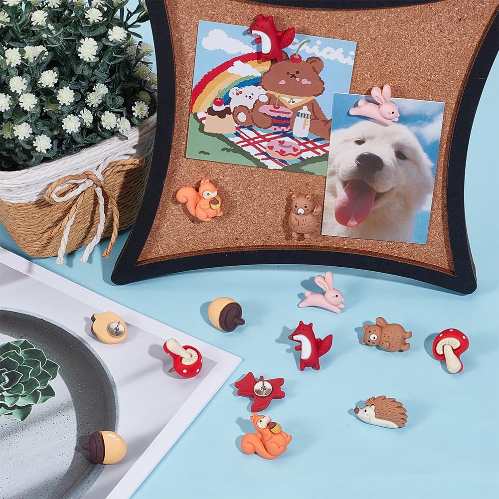 DELORIGIN 35Pcs Forest Animals Push Pins Resin Squirrel Fox Owl Mushroom Push Pins 7 Styles Cute Animals Thumb Tacks for Photo Wall Map Cork Board Bulletin Board Home Office Decorations