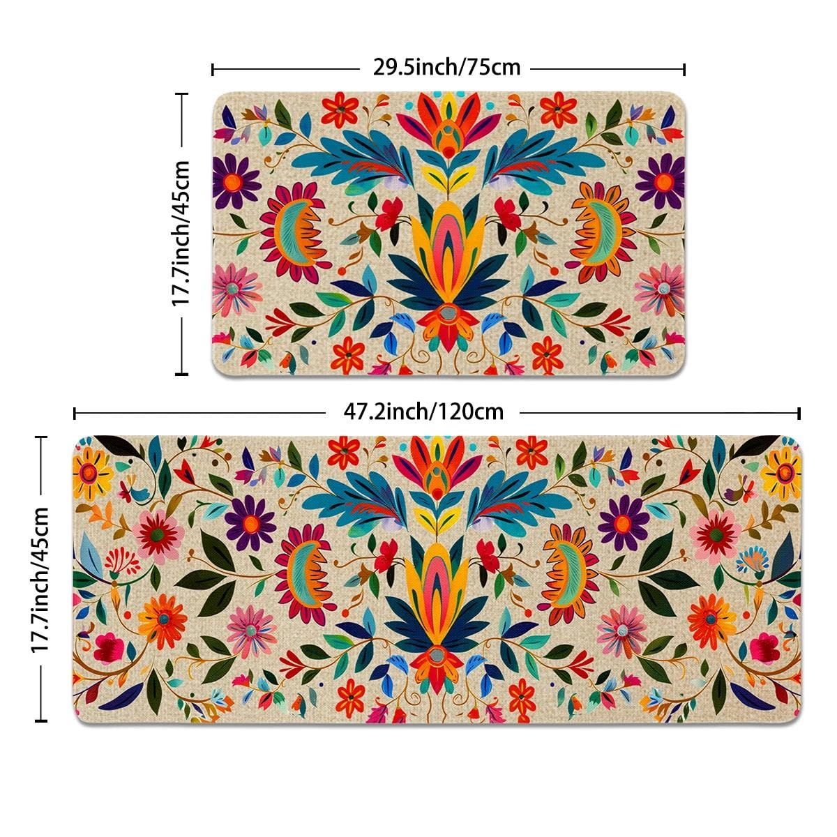 YWZDS Mexican Floral Kitchen Rugs Set of 2, Colorful Kitchen Mats with Rubber Backing Non Slip Washable, Cinco De Mayo Gift, 17" x 29 + 17" x 47" (White)