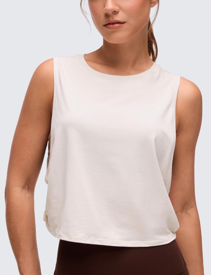 CRZ YOGA Pima Cotton Large Armhole Tank Tops for Women - Workout Sport Athletic Yoga Running Gym Loose Crop Sleeveless Shirts White Apricot Large