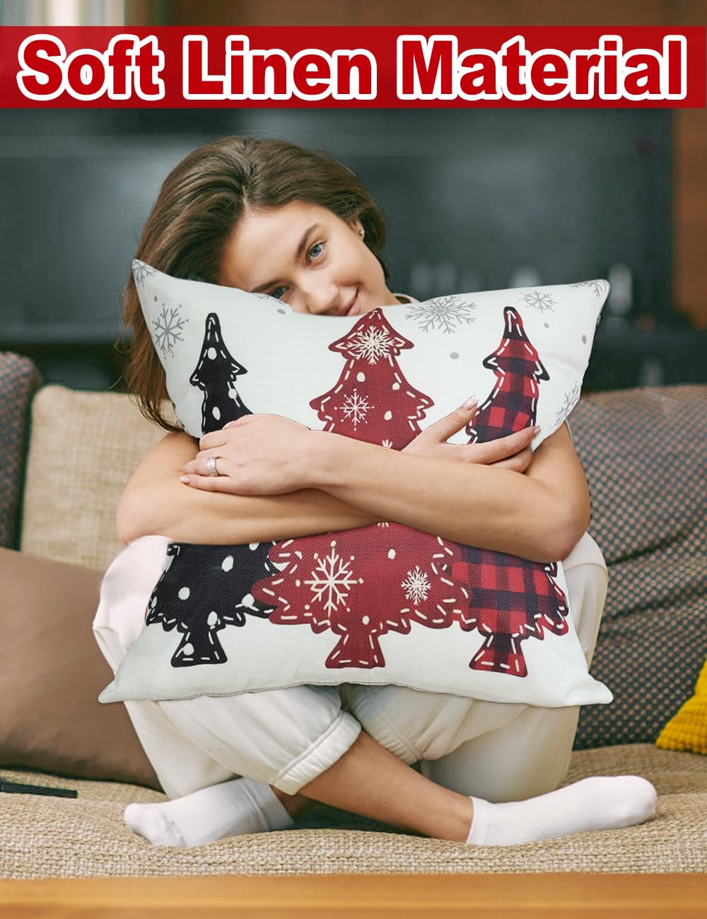 Double-Sided Print Christmas Pillow Covers 16''x16'', Set of 4, 8 Christmas Patterns Christmas Tree, Snowman, Snowflakes, Merry Christmas, Deer, Santa Claus,Truck, Let It Snow, Soft Linen Material