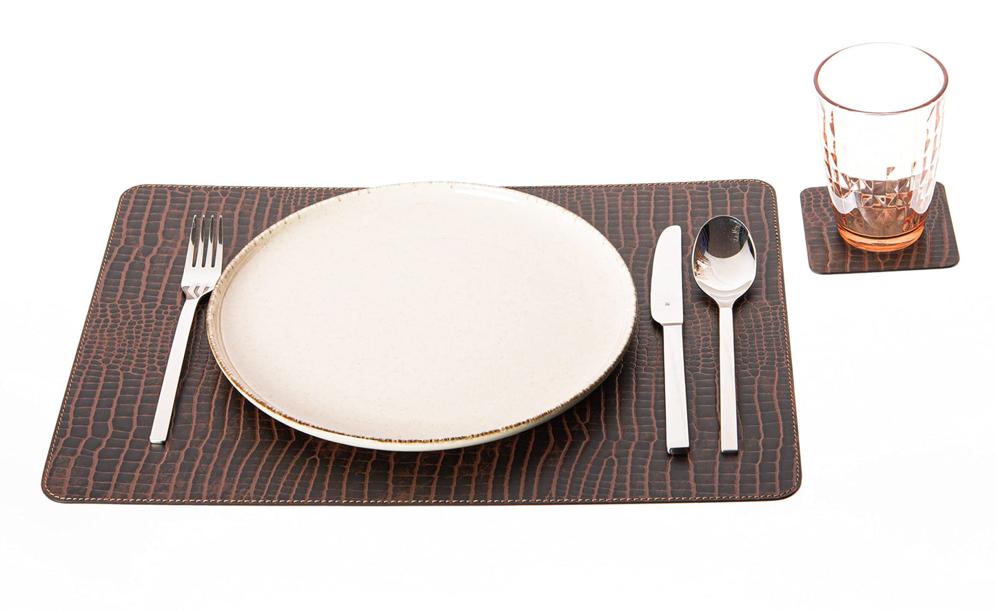 Nikalaz Set of 4 Placemats and 4 Coasters Made of Recycled Leather (18''x13'', Crocodile Embossing)