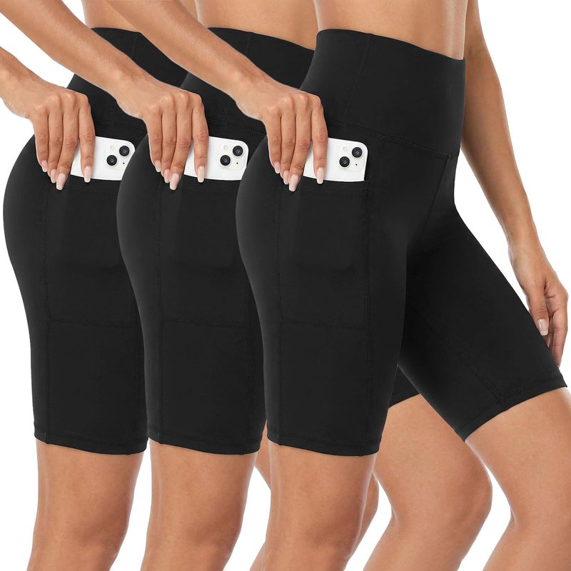 Purplepig 3 Pack Women's Black Biker Shorts with Pockets, 8" High Waisted Tummy Control Buttery Soft Workout Shorts for Yoga Running Gym Volleyball