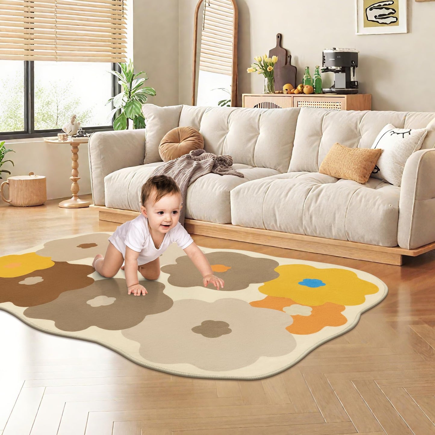 Floral Cute Rug 3x5 Irregular Scalloped Rug Beige Flower Shaped Indoor Mat Bedroom Floor Carpet Non Slip Washable Area Rug for Kids Room Playroom Living Room Entryway