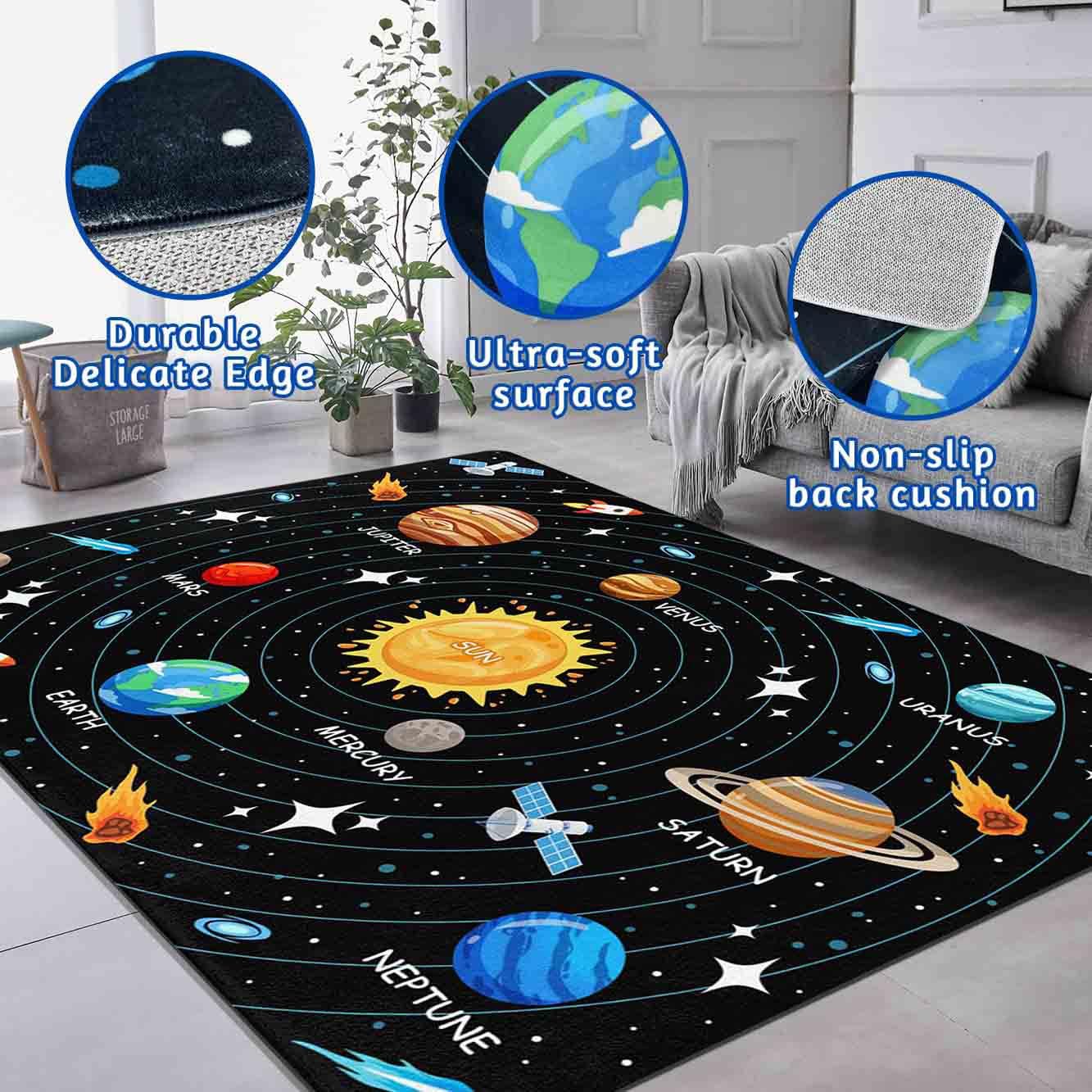 Kids Carpet Outer Space Rug, Solar System Mat 5x7 FT, Fun Game Boy Girl Kids Rug Carpet for Children Bedroom, Space Area Floor Mat for Living Room Nursery Room Toddler Classroom Decor