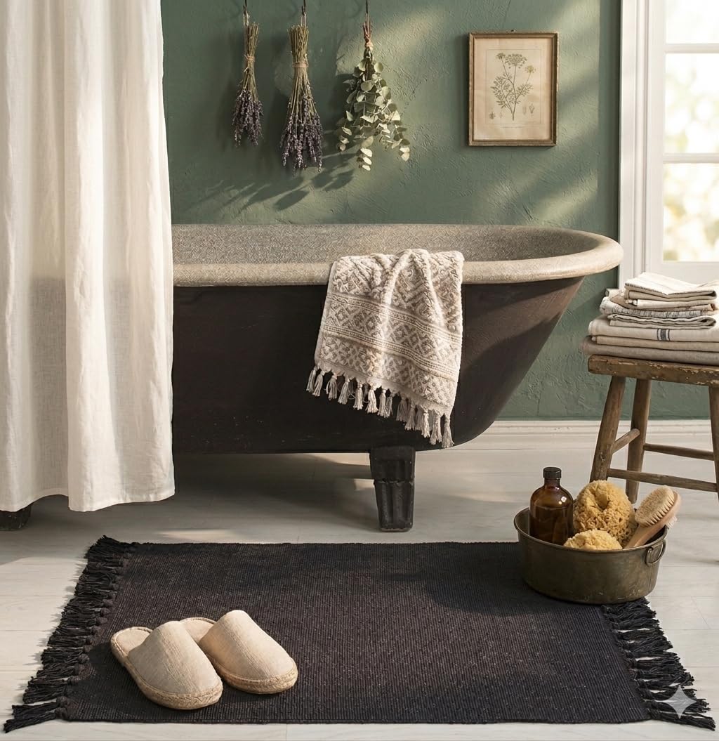 Seavish Black Kitchen Rug, 2x3 Cotton Hand Woven Recycled Throw Rug Runner Braided Entryway Floor Mat for Laundry Room Bathroom Bedroom Dorm