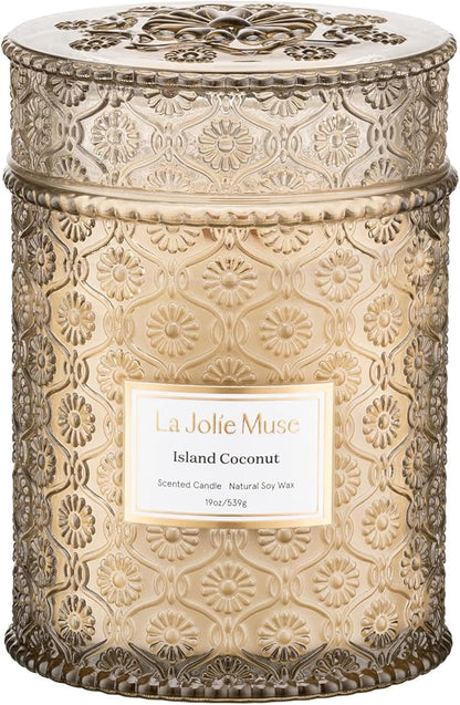 LA JOLIE MUSE Vanilla Coconut Candle – Coconut, Freesia & Vanilla | 19 oz Large Wooden Wick Candle | Natural Soy Wax | 90 Hours Clean Burn | Gift-Ready for Hosts & Gatherings | Elegant Home Décor