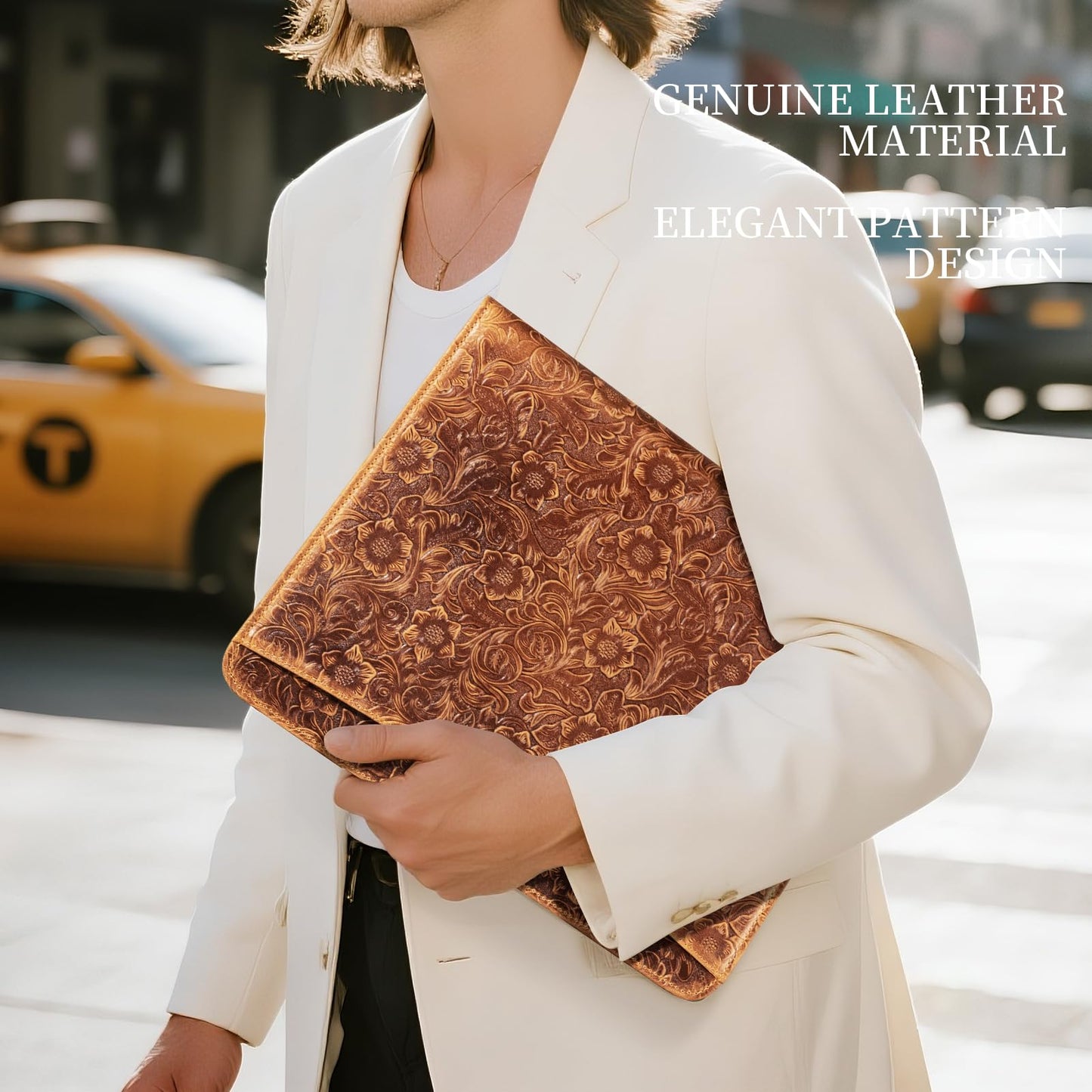 Gexmil Leather Portfolio Organizer for Women Men, Business Padfolio Folder with Zipper, Full Grain Leather,Interview Legal Document File Resume Organizer, A4 Writing Notepad Padfolio, Floral Brown
