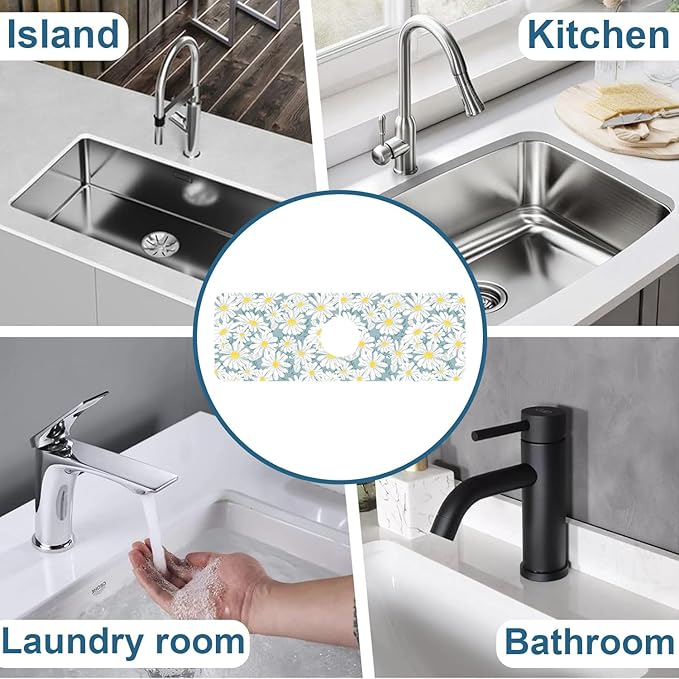 White Flower Sink Splash Guard Cute Chamomile Faucet Absorbing Mat Fast Drying