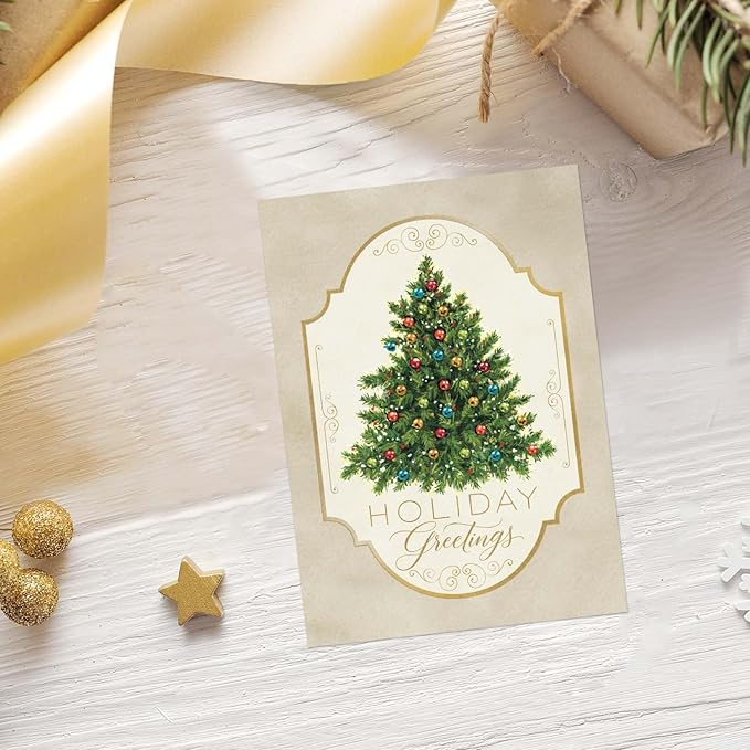 Masterpiece Nostalgic Christmas Tree Cards / 16 Boxed Holiday Card Set With Coordinating Red Envelopes / 5 5/8" x 7 7/8" Folded Greeting Cards With Inside Verse