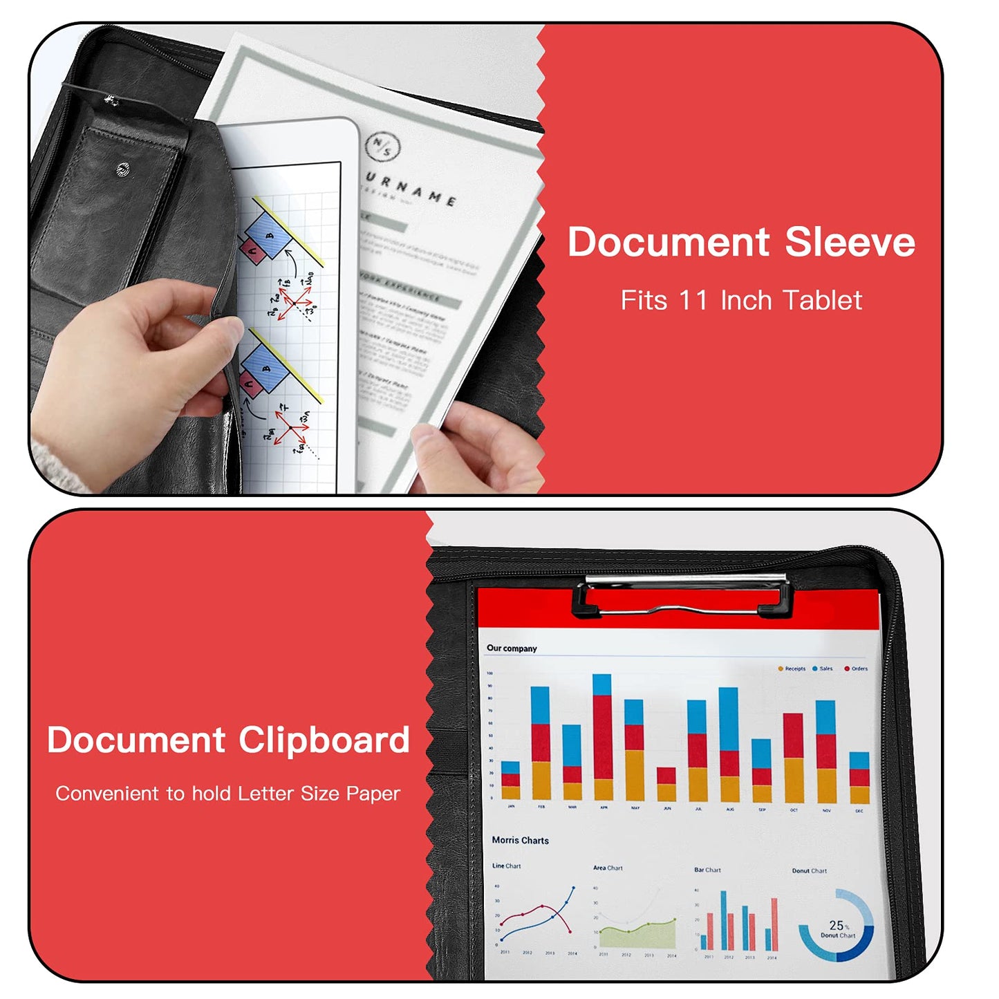 Zippered Padfolio Organizer, WRIYES Leather Planner Binder, 10.2 Inch Portfolio Folder for Documents, Letter Size Business Card Holder for Men&Women (Black)