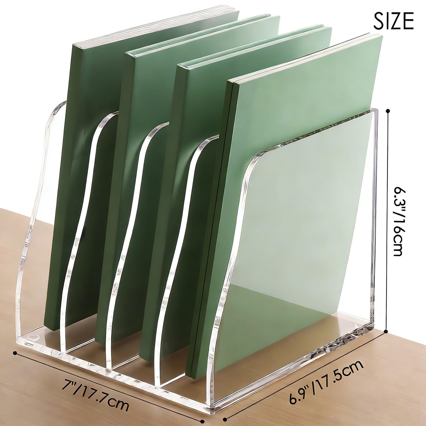 YUXUN Clear Acrylic File Folder Holder - 4 Vertical Compartments Desk Document Sorter, Upright Magazine Rack for Office/Home/Classroom, Stores Documents, Tablets, Magazines, Books & Accessories