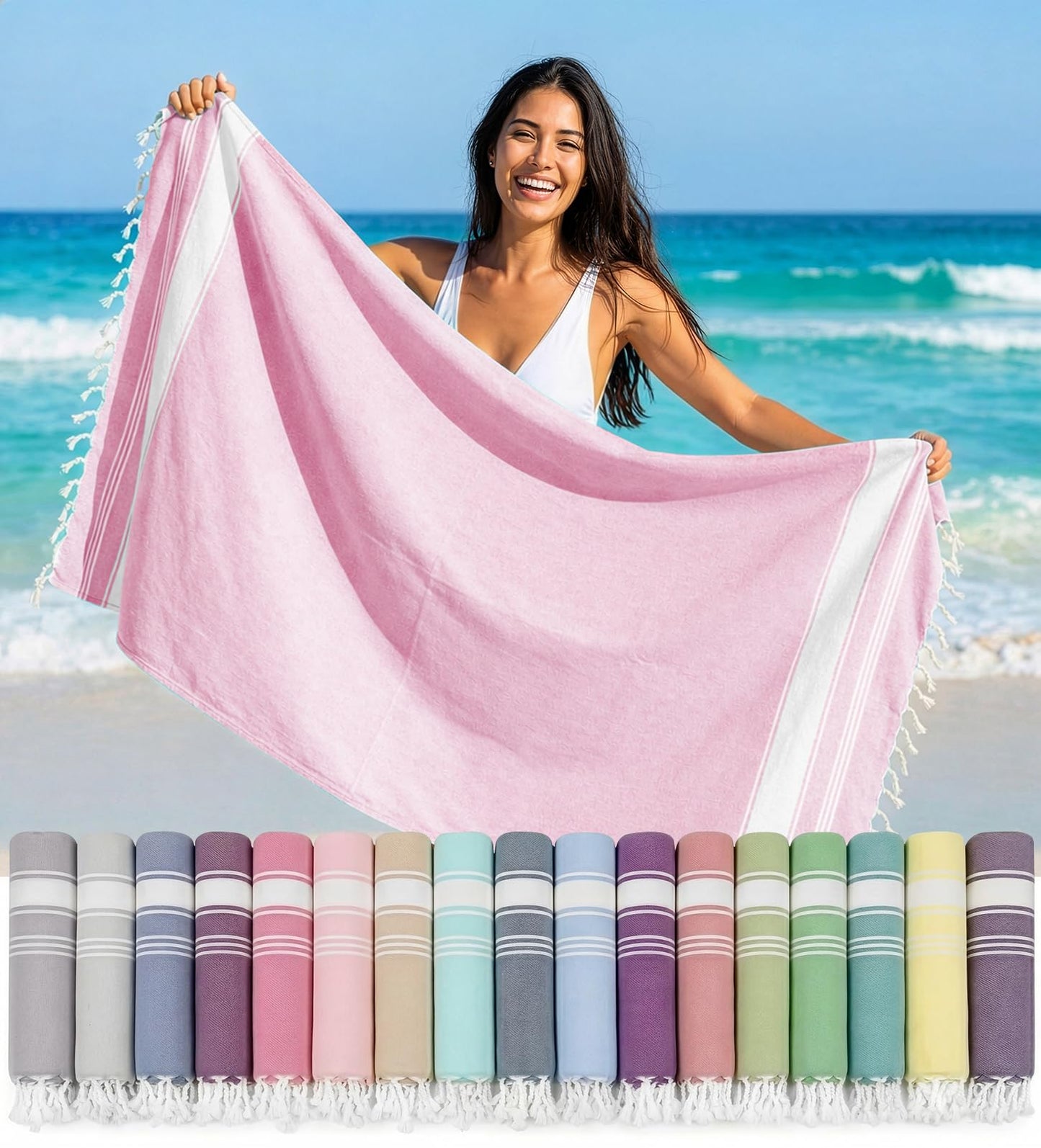 LANE LINEN Large Beach Towel, Turkish Towel, Lightweight Beach Towels for Adults, 39"x71" Oversized Pool Towels, Absorbent, Quick Dry, Durable Sand Proof Beach Towel, 39"x71" - Candy Pink