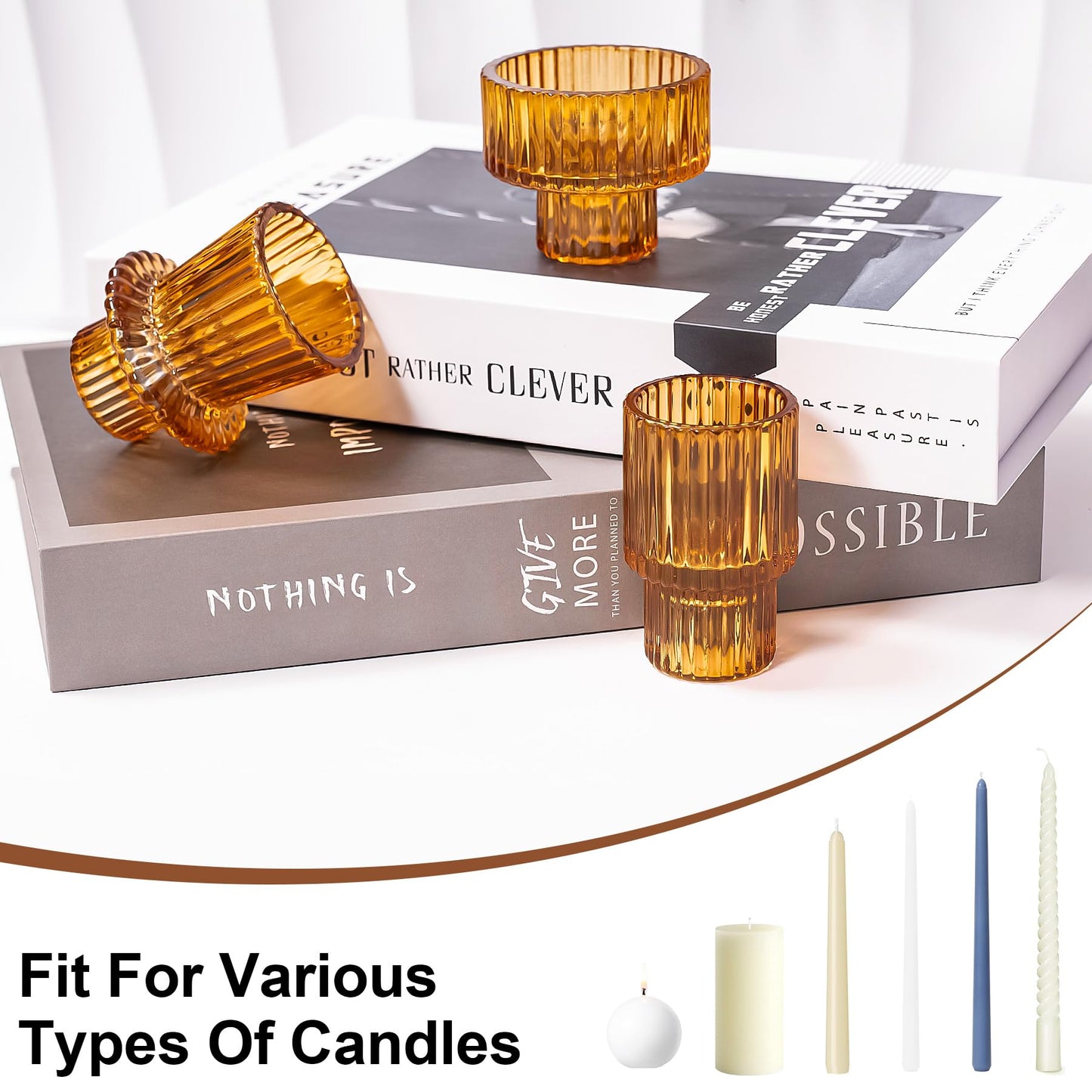 Toptime Candlestick Holders Set of 6, Ribbed Glass Taper Candle Holders, Reversible Amber Tealight & Candle Stick Candle Holder Vintage Crystal Tapered Candlestick for Wedding Dinner Party Festival