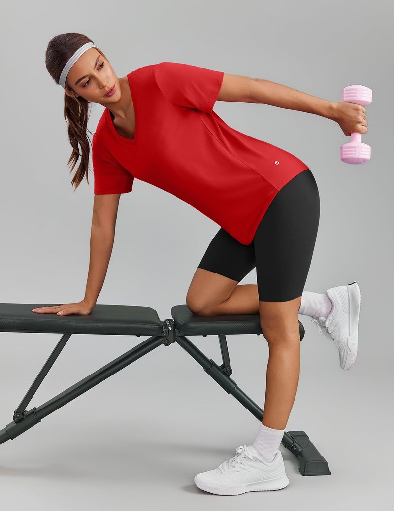 PINSPARK Gym Shirts for Women Short Sleeve V Neck Workout Tops Moisture Wicking Athletic T-Shirts Quick Dry Fitness Exercise,Red X-Large