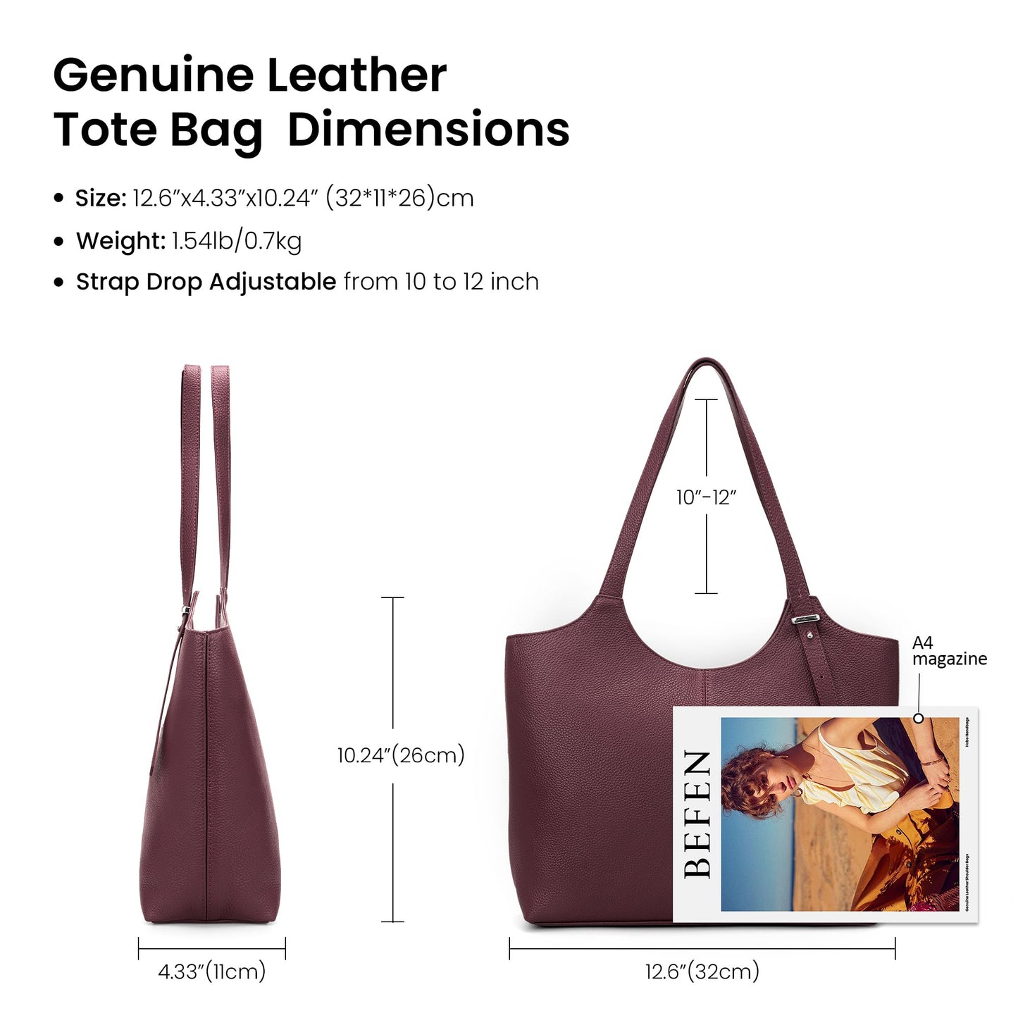 befen Genuine Leather Tote Bags for Women Work, Real Burgundy Leather Shoulder Handbags Zippered Satchel Purses with Adjustable Strap for Casual Shopping Travel, Burgundy