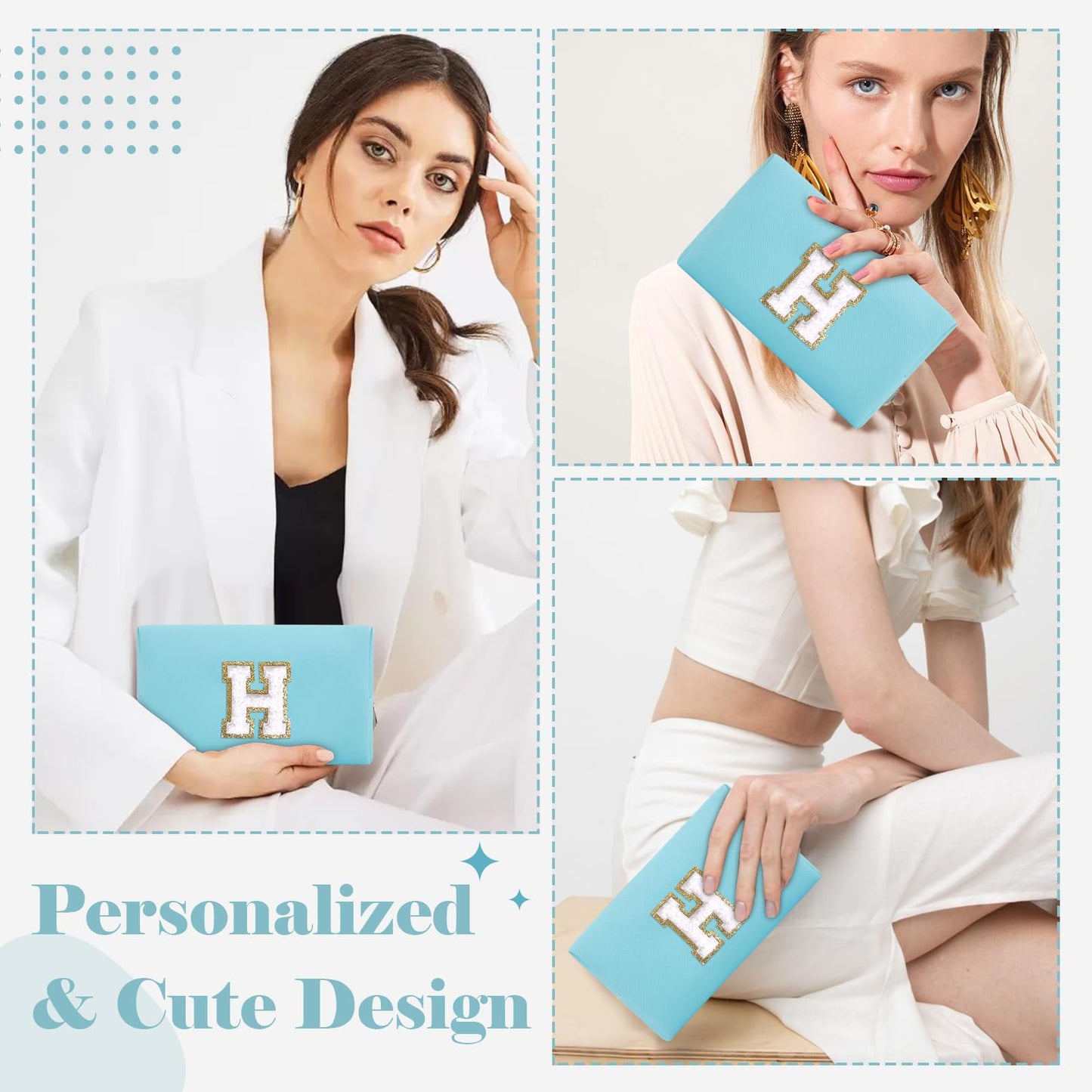 Small Personalized Initial A-Z Preppy Patch Makeup Bag,PU Chenille Letter Travel Cosmetic Pouch with Zipper,Blue Cute Toiletry Bag,Gift Ideal for Teen Girls Women Teacher Bridesmaid,Letter H