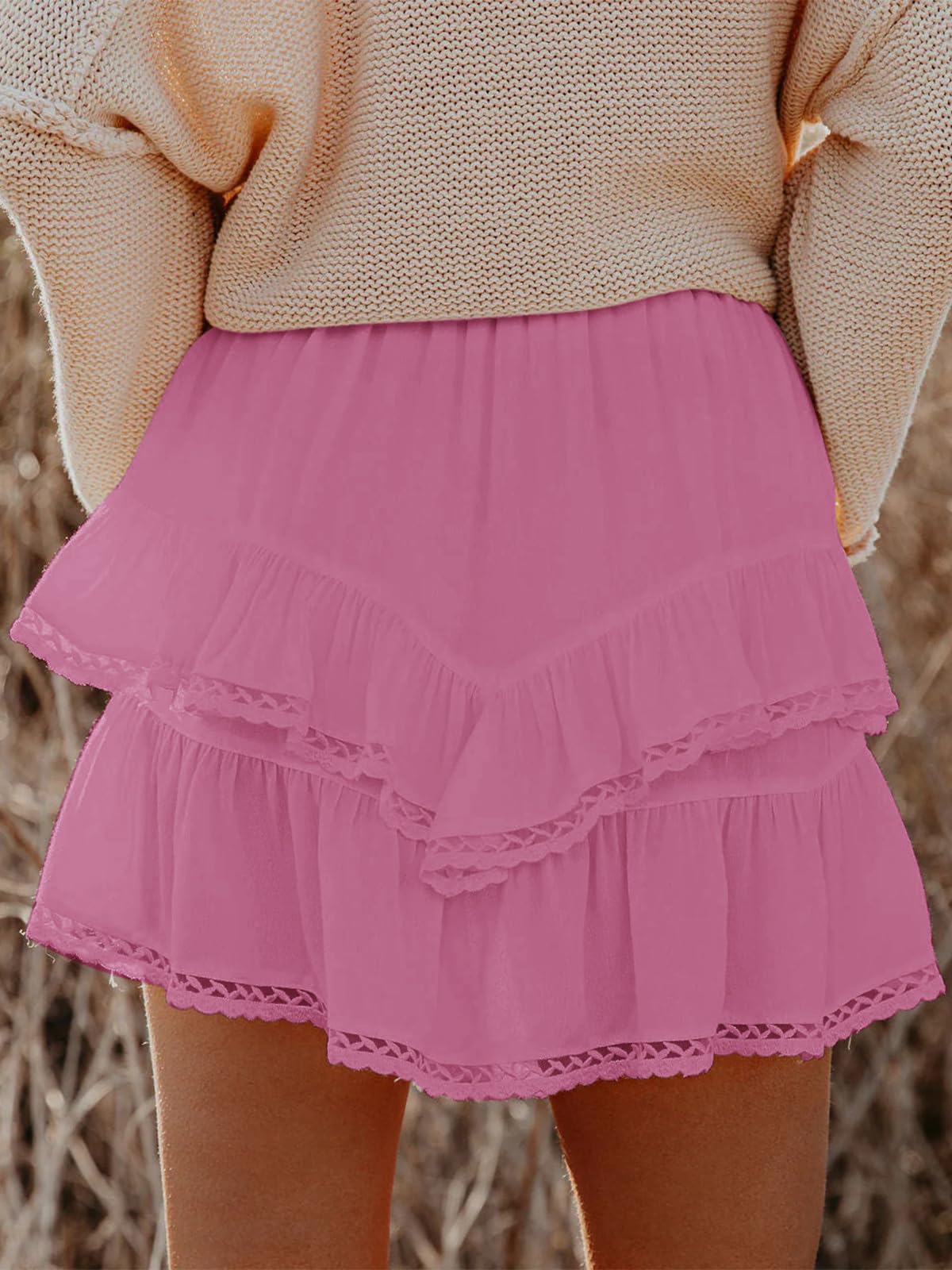 Aoudery Flowy Shorts for Women Casual Boho Ruffle Tiered Skorts High Waist Mini Skirts Golf Tennis Butterfly Crochet Shorts - Mauve Pink S