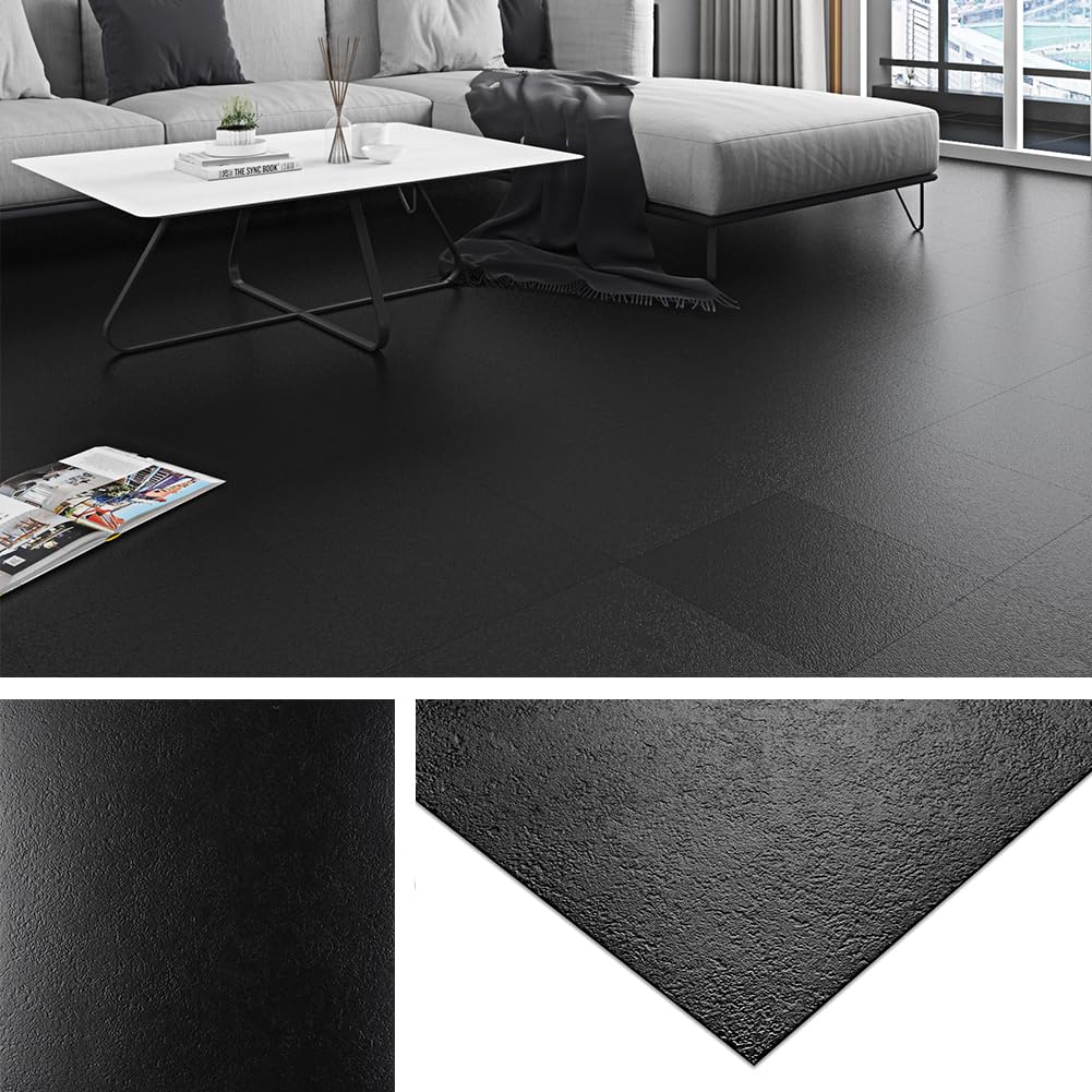 Livelynine Matte Black Peel and Stick Floor Tile Bathroom Floor Tiles Waterproof Stick on Tiles for Kitchen Basement Vinyl Flooring Sticky Laminate Flooring Stickers Garage Non Slip 4-Sheet 12x12