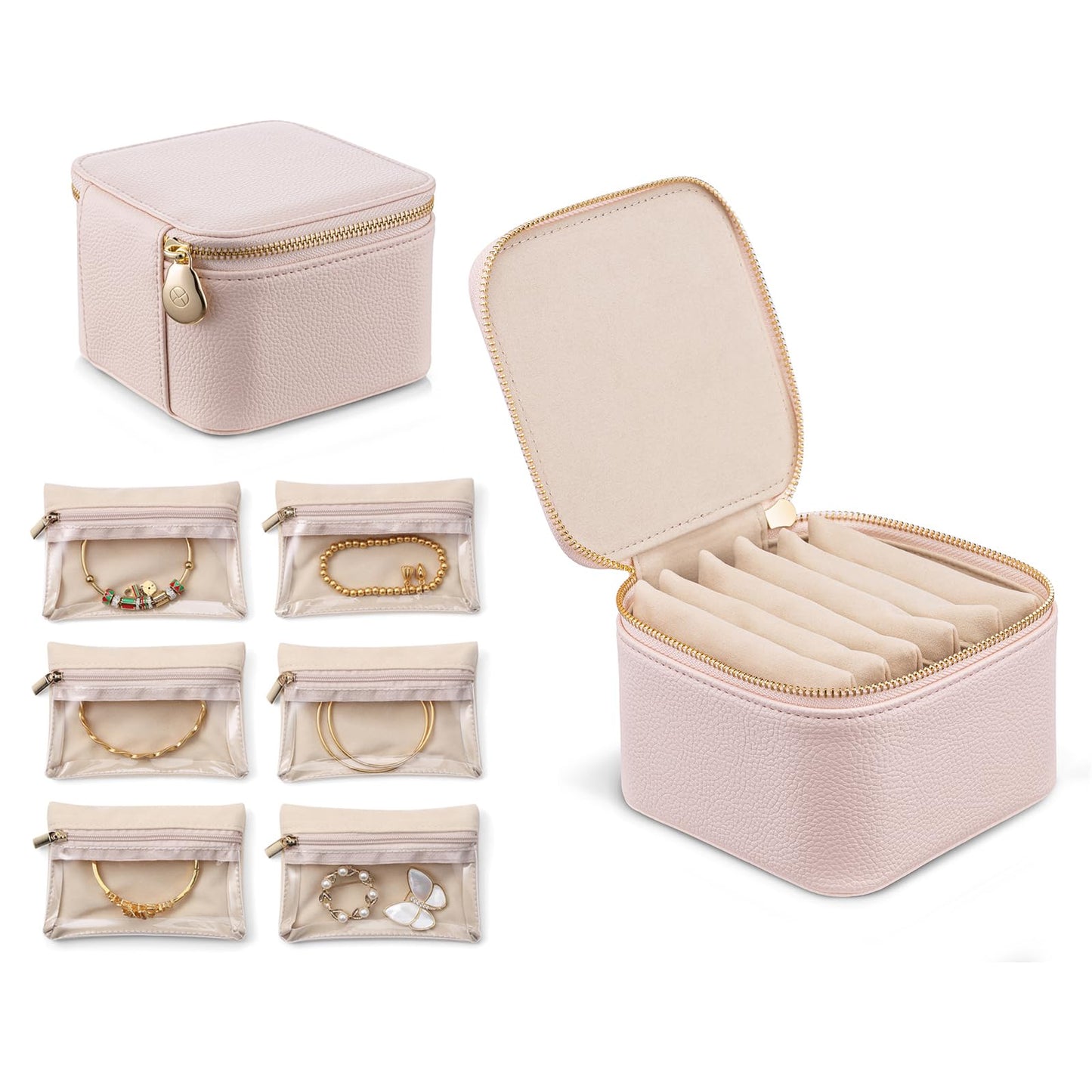 VLANDO Travel Jewelry Box Organizer – Portable PU Leather Jewelry Case with 6/8/12 Zippered Pouches, Compact Storage for Earrings Rings Necklaces Bracelets, Rosy Mauve