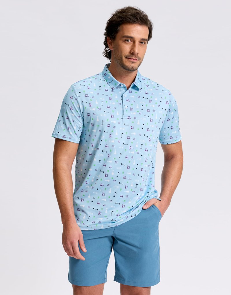 Obla Mens Golf Polo Shirts Short Sleeve Dry Fit Performance Moisture Wicking Casual Print Collared Golf Shirts for Men (Blue Golf Flag_XXL)