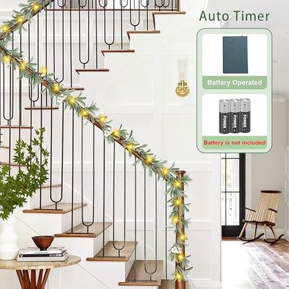 6ft Christmas Garland with Lights – Artificial Greenery Olive Garland with White Berries, Pinecones & Warm LED Fairy Lights – Holiday Garland for Home, Wedding, Party Decorations