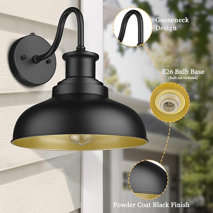 Dusk to Dawn Outdoor Gooseneck Barn Light, Farmhouse Outdoor Wall Sconce, Rustic Exterior Wall Mount Light, Vintage Outside Lighting Fixture Industrial Black Lantern for Porch Garage Shed,1 Pack
