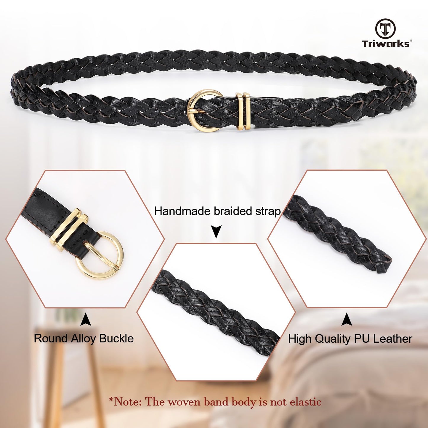TRIWORKS 2 Pack Women's Leather Braided Skinny Belts Woven Thin Waist Belts for Jeans Pants Dresses