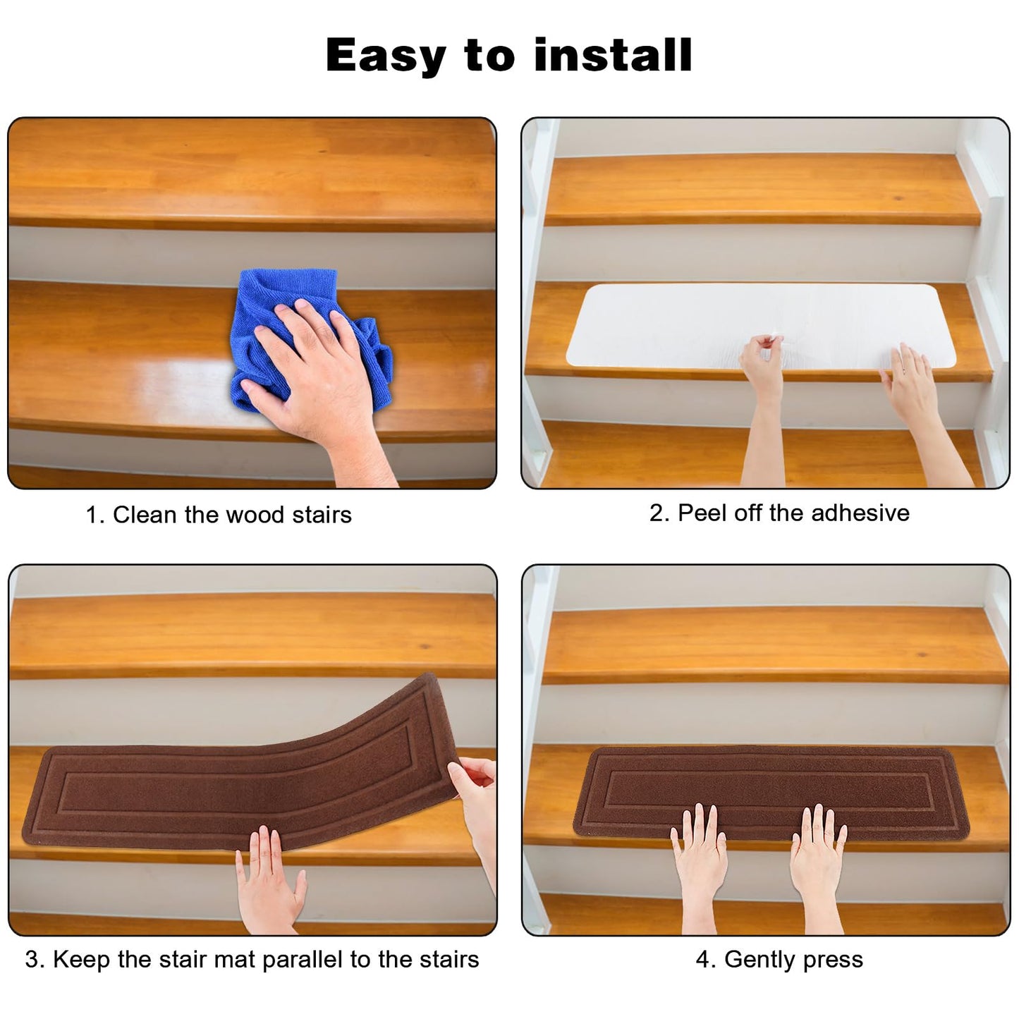 Aoxisicoo 15-Pack Brown Stair Treads for Indoor Wood Steps, 8x30 Inch Non-Slip Carpet Mats with Self-Adhesive Backing, Machine Washable Safety Runner for Kids, Elders and Pets