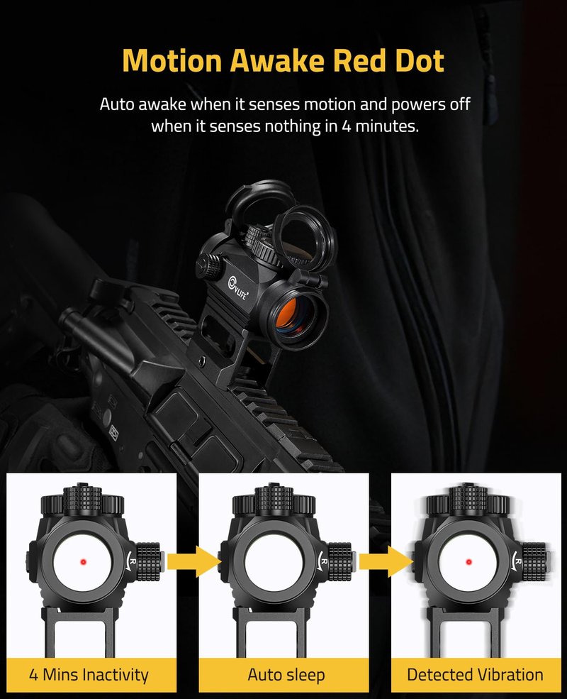 CVLIFE FoxSpook Motion Awake Red Dot Sight,1x20mm 2MOA Red dot Scope Auto On & Off Compact Optics with Low Profile and Lower 1/3 Co-Witness Mount, Flip Up Lens Covers and 12 Brightness Button Settings