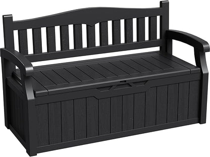Greesum 80 Gallon Storage Bench Outdoor Deck Box with Armrest, Patio Furniture, Lockable, Waterproof and UV Resistant, Suitable for Garden, Poolside, Dark Black