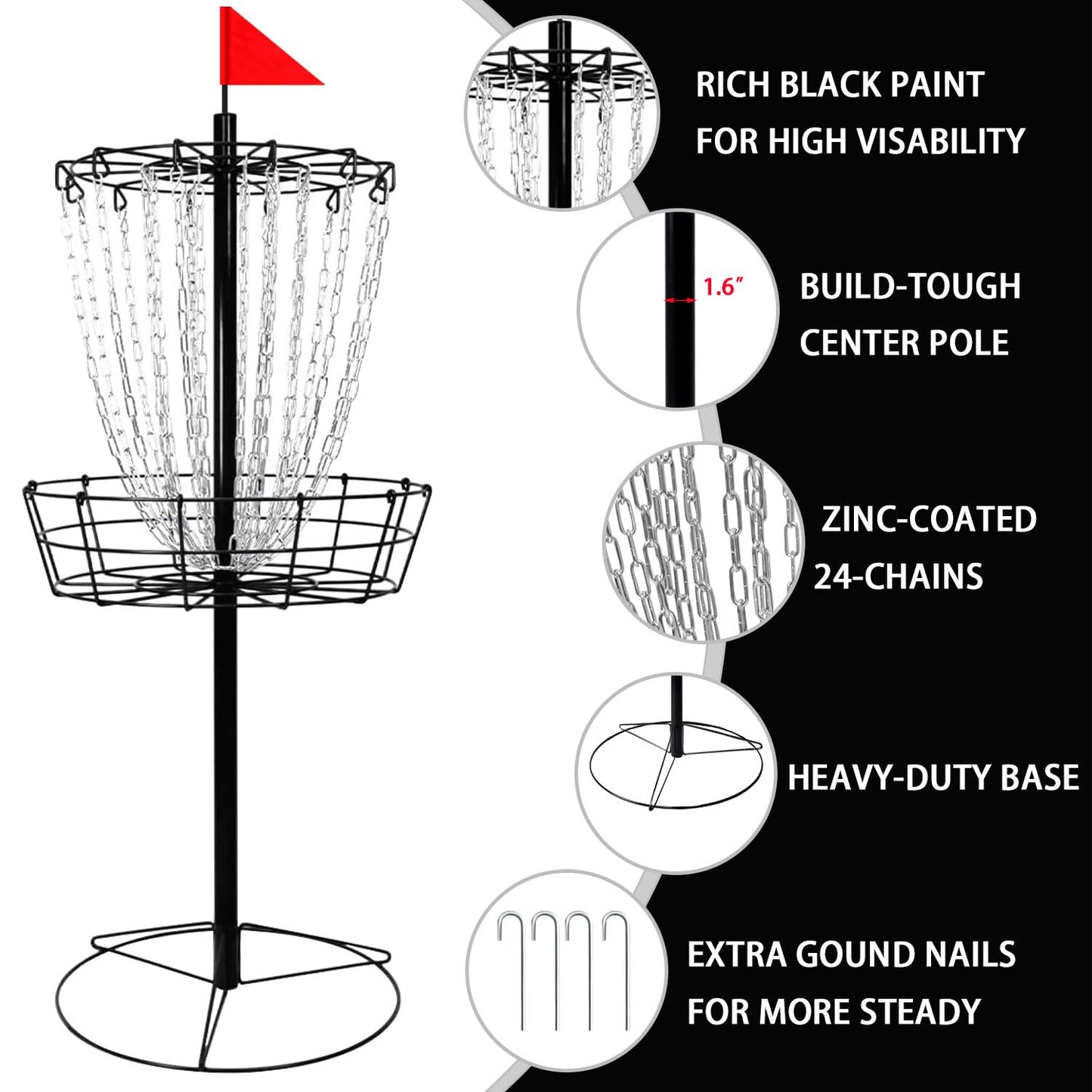 Disc Golf Basket - Portable Disc Golf Target with Heavy Duty 24-Chains Come with 3pcs Disc Golf Discs and Ground Stake -Suitable for Players of All Levels - Multi Color Available
