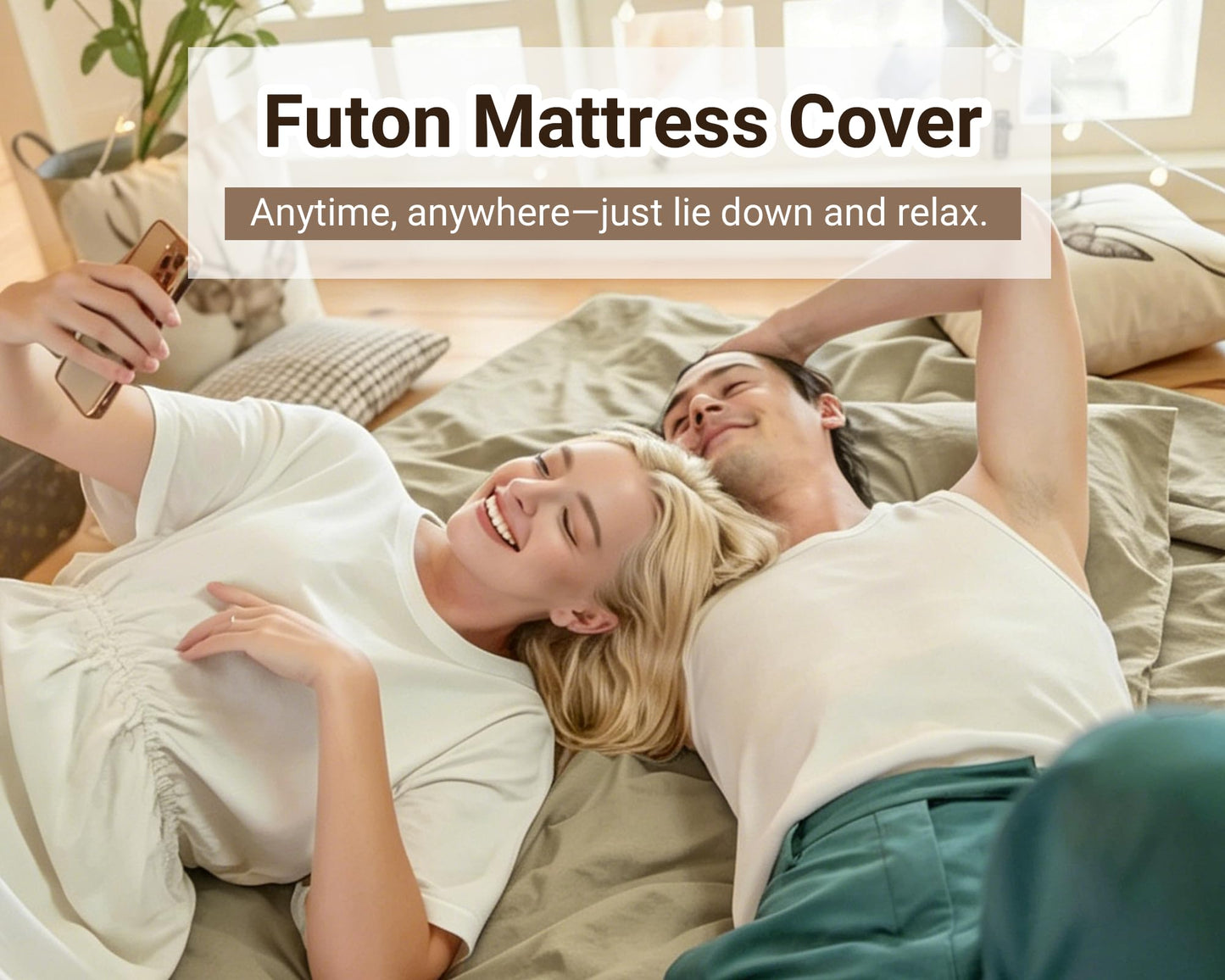 Gryvmnos 100% Cotton Futon Mattress Cover, Washable Japanese Floor Bed Protector with Zipper, Dust‑Proof Replacement Slipcover for Tatami Mat, Fits Up to 4-Inch Thick Mattresses, Full/Queen