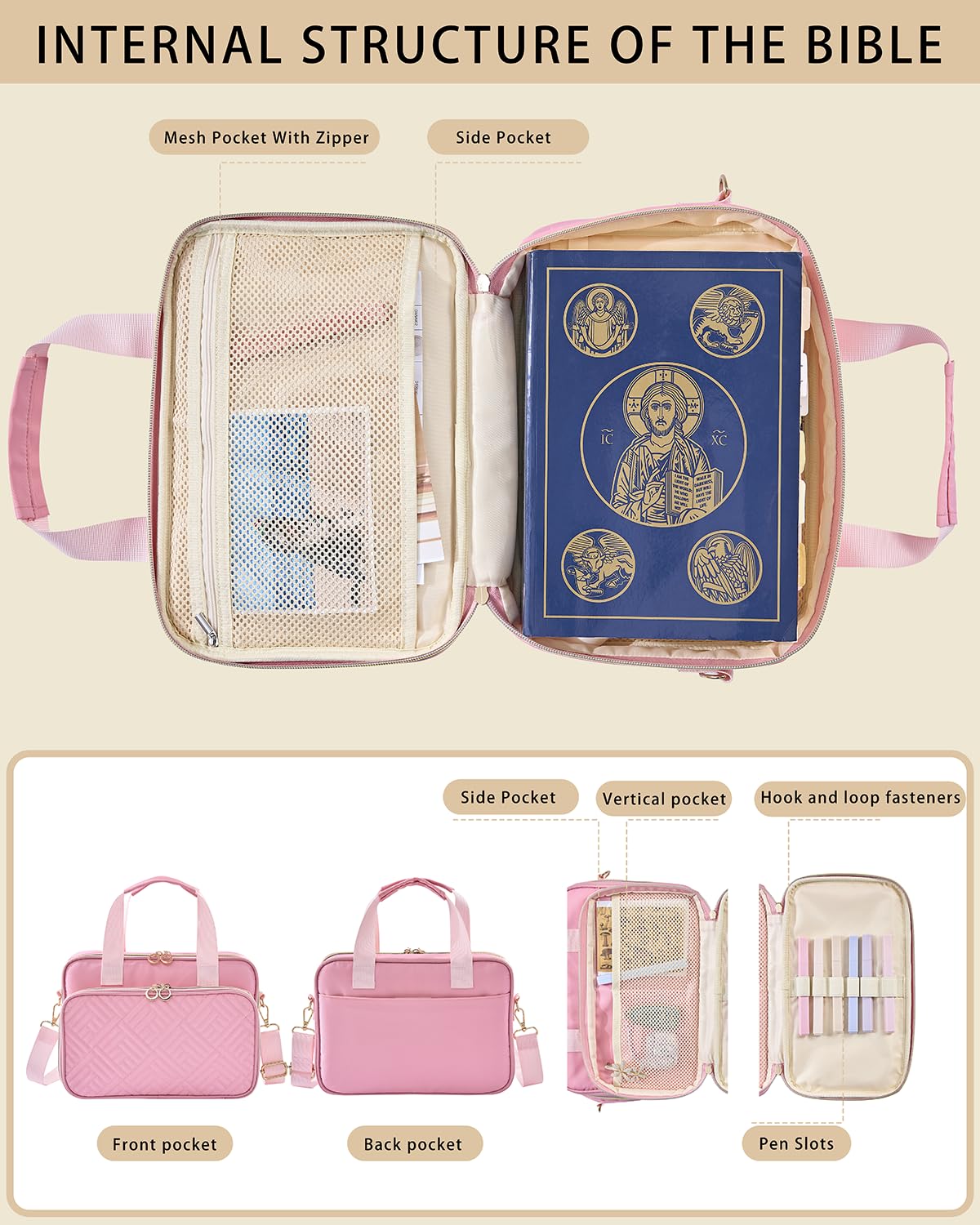 ZHITTHOME Bible Cover for Women Journaling Kit, 【w/12 Highlighters, 75 Tabs】 Large Bible Study Supplies & Christian Gift for Women and Teens (Pink)