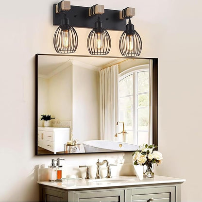 3-Light Farmhouse Vanity Light for Bathroom, Wood Wall Sconce with Elegant Teardrop Cage, Industrial Black Vanity Lights Over Mirror for Living Room Bedroom Hallway
