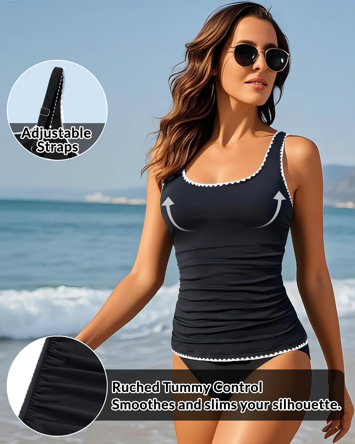 Aqua Eve Tankini Tops for Women Swimwear Top Only Tummy Control Bathing Suit Top No Bottom (Available in Plus) Black 02 18W