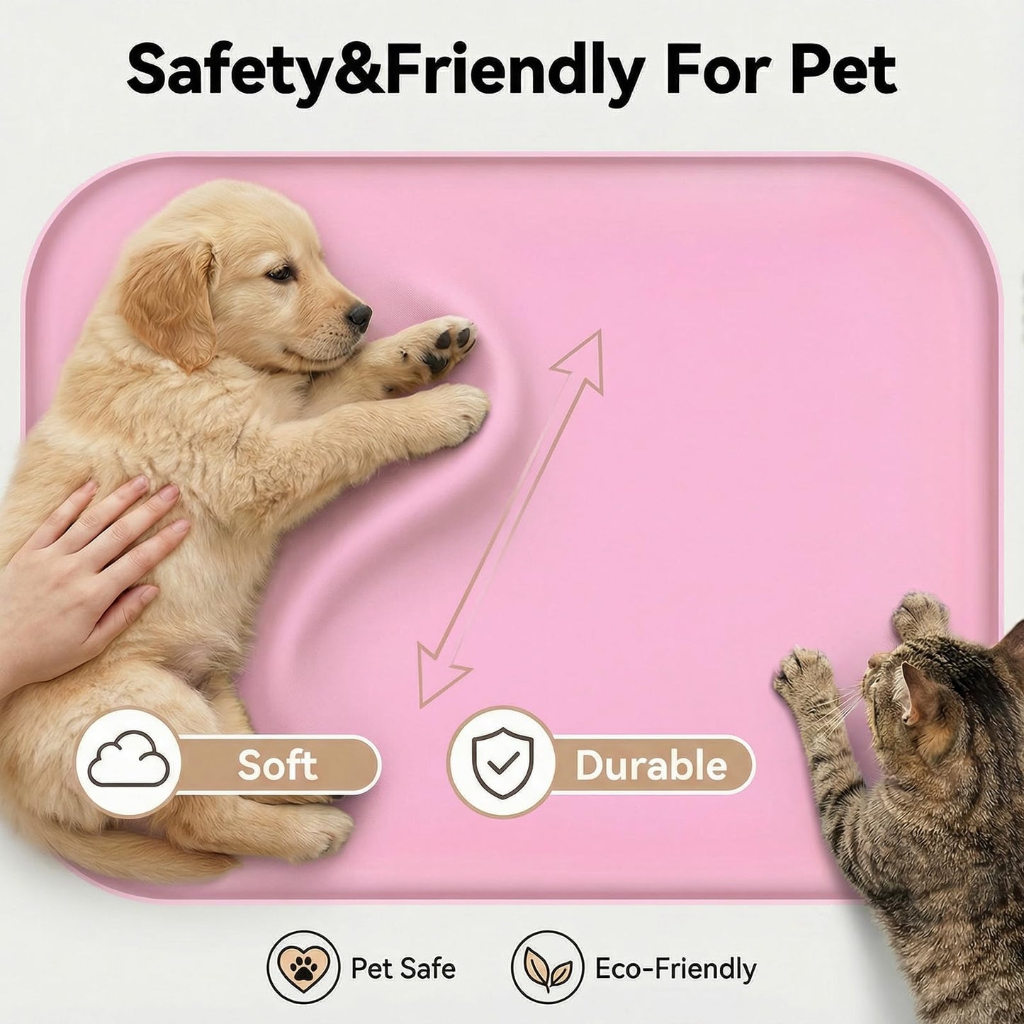 BLESWIN Waterproof Silicone Pet Feeding Mat Pink with Raised Edge,24" x 16"Non-Skid Spill Proof Dog Bowl Mats, Easy Clean Cat Bowls Placemat for Cats and Dogs