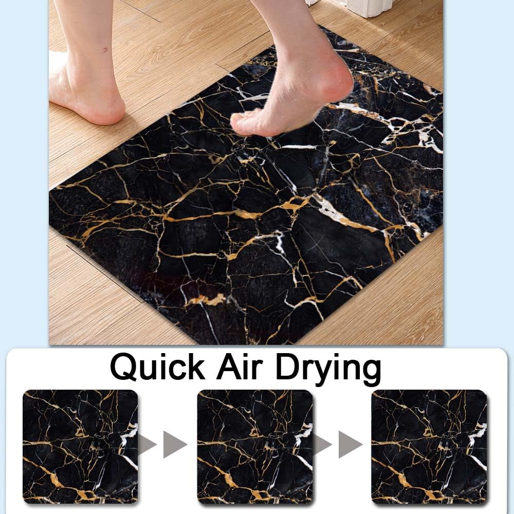 Bath Mat Rug,Black marble with yellow and white Non Slip Quick Dry Super Absorbent Thin Bathroom Rugs Fit Under Door-Easy to clean Bathroom Floor Mats-Shower Rug for Shower Sink Bathtub(16" x 24"In)