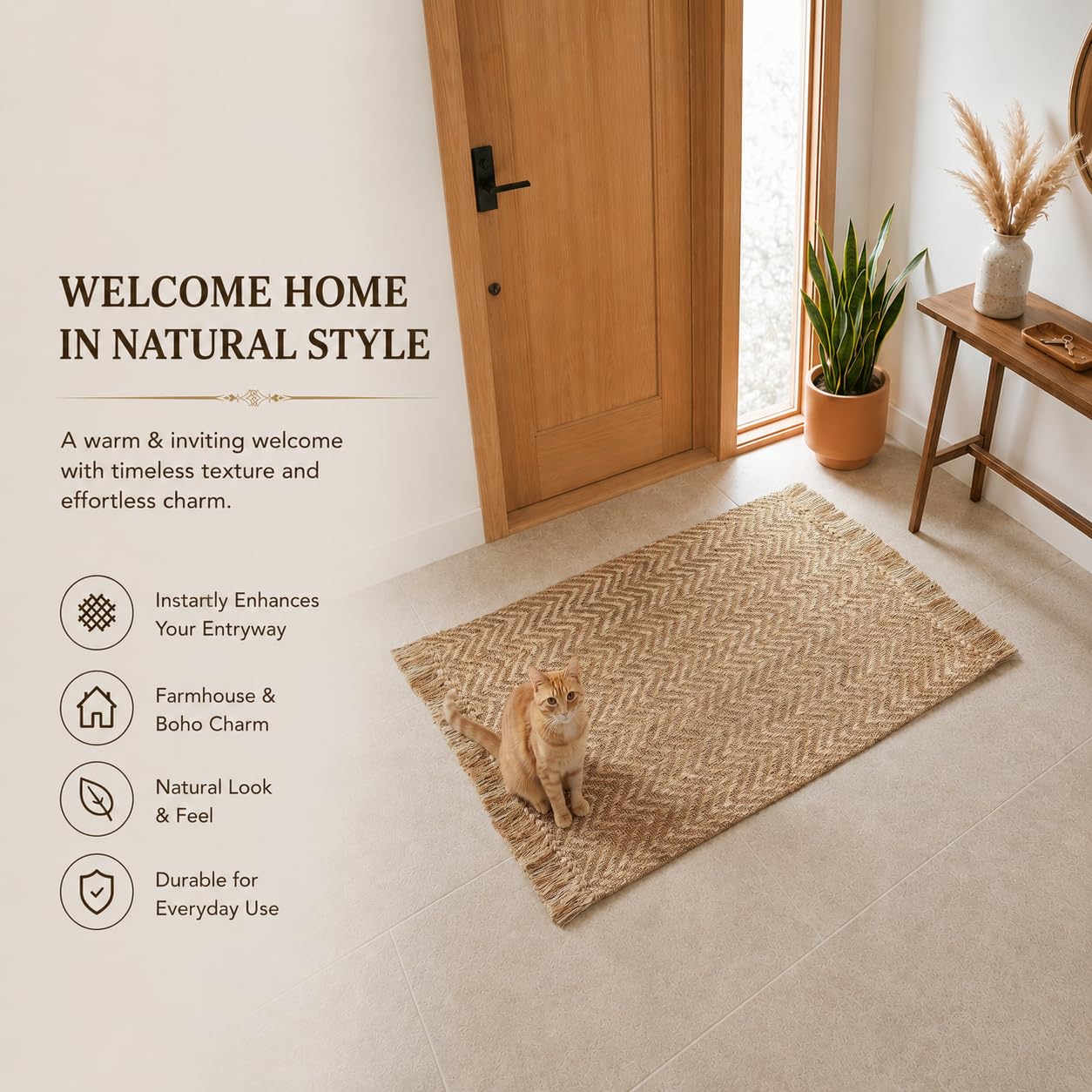 Chevron Weave with Fringes Woven Area Rug 2x3 Ft - Beige, Small Soft Decorative Reversible Front Door Mats Ideal for Entryway, Kitchen, Nursery, Office | Farmhouse Brown Accent Indoor Space Decor Mat