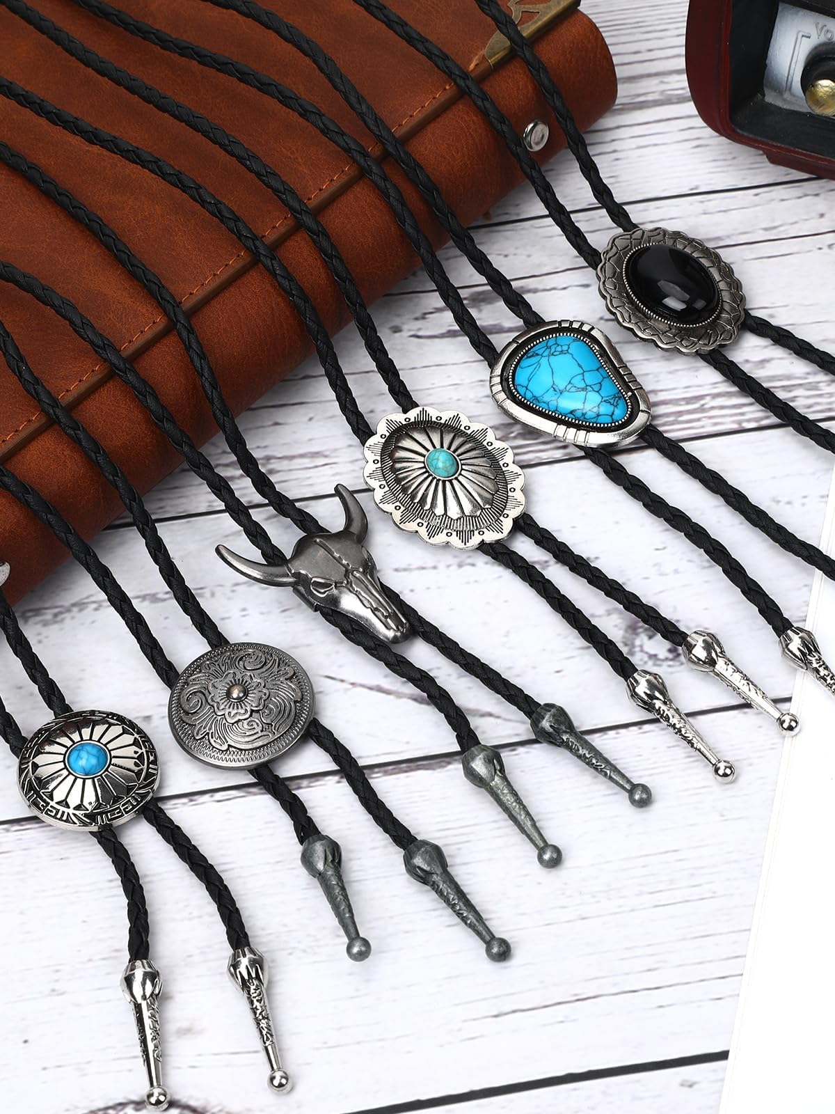 BOARDFEB 8 Piece Vintage Bolo Tie Set Adjustable Bolo Ties Western Leather Necktie Adjustable Costume Accessories Cowboy Cowgirl Gift for Weddings Retro Party Supplies
