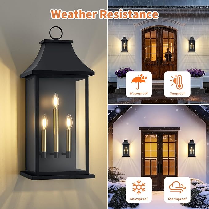 tewei 28'' Large Outdoor Wall Light, Porch Light Outdoor Wall Sconce Lantern, 3-Light Black Exterior Lighting Fixture Wall Mount E12 Gold Base, Outside Light for House Backyard Garage, 1-Pack