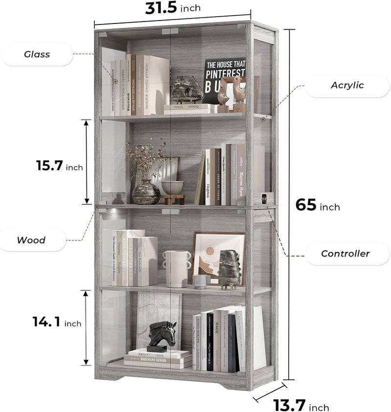 Display Cabinet - 4-Tier Curio Cabinet with Glass Doors & 3 Color Lights | Gray Storage Case for Collectibles