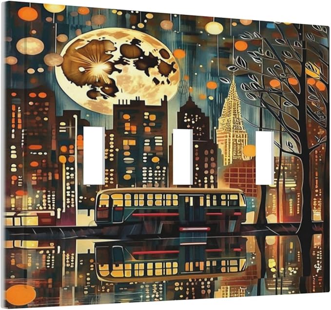 City Light Moon Bus Abstract Art Light Switch Covers 3 Gang Triple Toggle Wall Plate Decorative Switchplate Electrical Faceplate for Farmhouse Living Decor